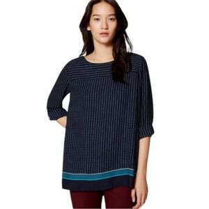 LOFT Navy Geo Print Blouse Pleated Back Tab Sleeve Popover Top Size Small